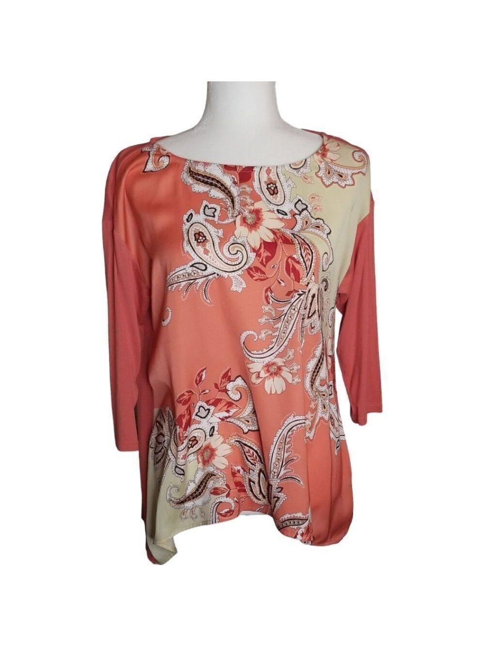 JM Collection Pullover Orange Tan Paisley Print Tunic Size Petite Medium